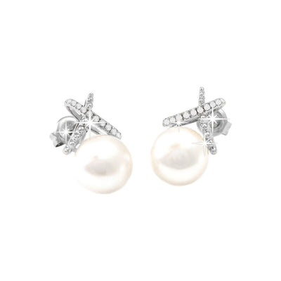Aretes de Dama Oro Blanco 14k Gota con Perla y Diamantes Naturales