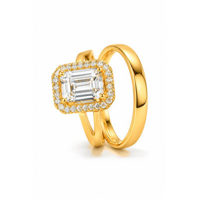 Set Anillo Matrimonio Oro 10k Corte Esmeralda Halo y Banda Lisa