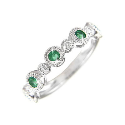4.5mm Anillo de Dama Oro Blanco 14k Redondos con Esmeralda y Diamantes Naturales