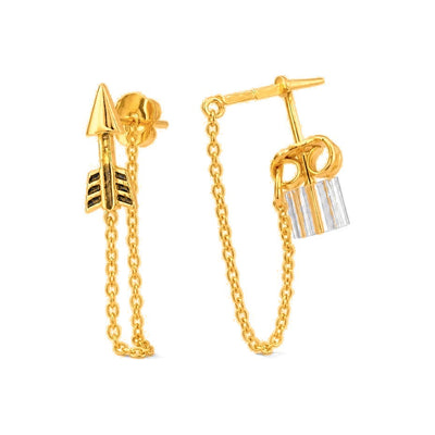Aretes de Dama Oro 14k Flecha y Candado Asimétricos con Cadena