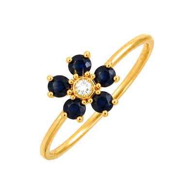 Anillo de Dama Oro 14k Flor de Cinco Zafiros con Diamante Natural al Centro