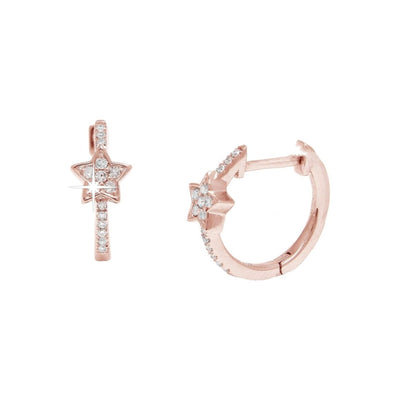 12mm Aretes de Dama Oro Rosa 14k Argolla Estrella con Diamantes Naturales