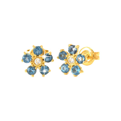 9mm Aretes de Dama Oro 14k Flor Redondos con Topacio Azul y Diamantes Naturales