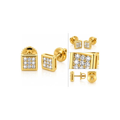 Aretes de Dama Oro 10k Cuadrados Pavé con Diamantes Naturales y Tornillo