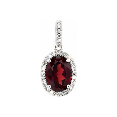 Dije Granate Ovalado Oro Blanco 14k con Halo de Diamantes Naturales