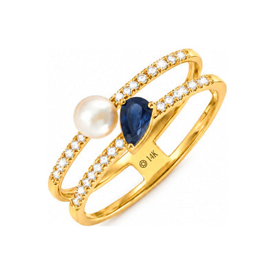 Anillo de Dama Oro 14k Doble Banda con Perla, Zafiro Pera y Diamantes Naturales