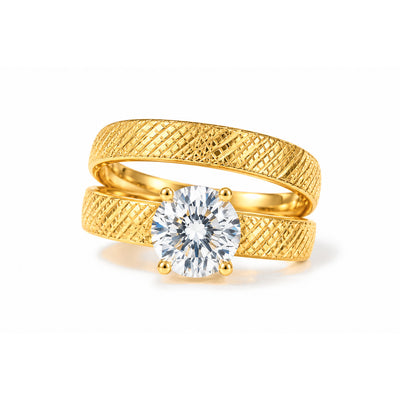 Set Anillo Matrimonio Oro 14k Texturizado Solitario