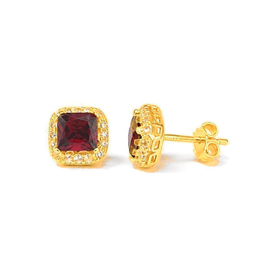 Aretes de Dama Oro 10k Piedra Cuadrada Roja con Halo