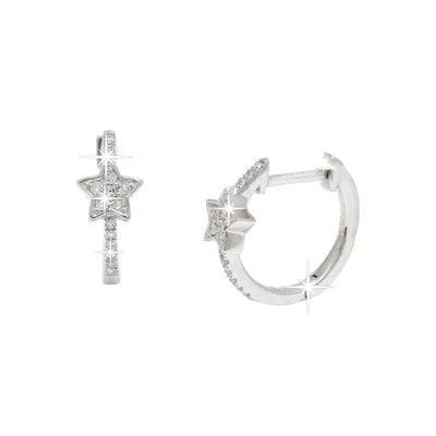 12mm Aretes de Dama Oro Blanco 14k Argolla Estrella con Diamantes Naturales