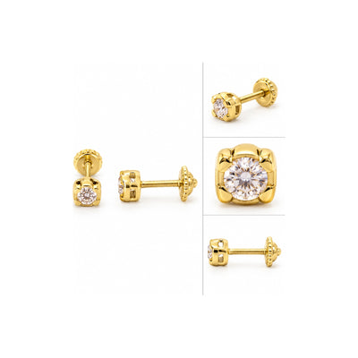 Aretes para Bebé Oro 14k Solitario Redondo en Canasta Cuadrada con Circonio y Tornillo