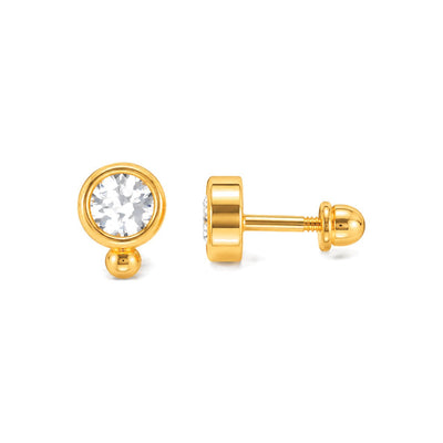 Aretes para Bebé Oro 14k Solitario Redondo en Bezel con Tornillo