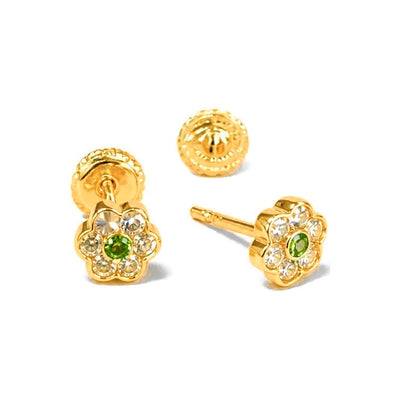 Aretes para Bebé Oro 14k Flor Circonio Blanco y Verde
