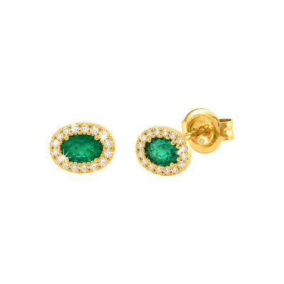 5x6mm Aretes de Dama Oro 14k Esmeralda Ovalada con Halo de Diamantes Naturales