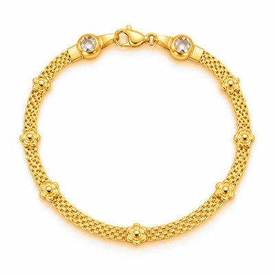 Brazalete Oro 10k Malla con Flores y Circonios