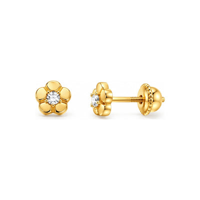 Aretes para Bebé Oro 14k Flor de Cinco Pétalos Abombada con Circonio