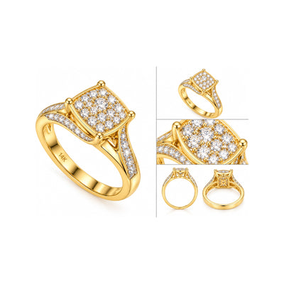 Anillo de Dama Oro 14k Cluster Cuadrado con Banda Pavé y Diamantes Naturales