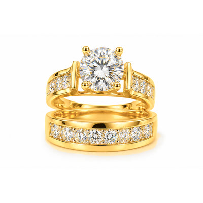Set Anillo Matrimonio Oro 10k Solitario Canal y Banda Ancha