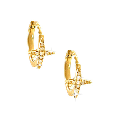 10mm Aretes de Dama Oro 14k Argolla Cruz con Diamantes Naturales