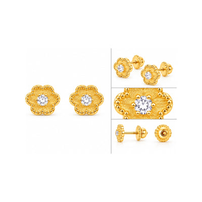 Aretes para Bebé Oro 18k Flor con Borde de Bolitas y Circonio