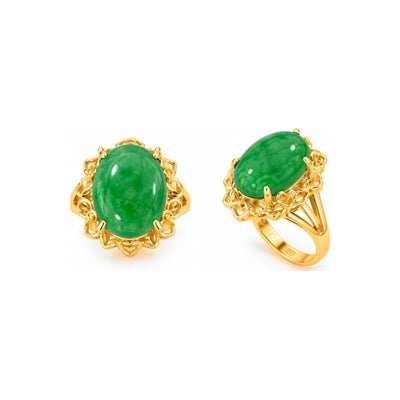 Anillo de Dama Oro 10k Jade Oval Cabujón con Corona de Corazones Calados