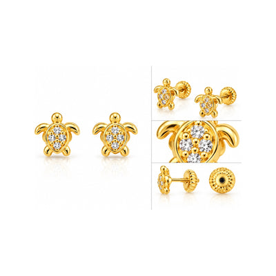 Aretes para Bebé Oro 14k Tortuga con Circonias en Caparazón