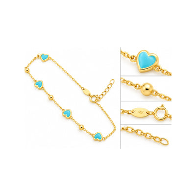 Brazalete de Dama Oro 14k con Corazones Turquesa