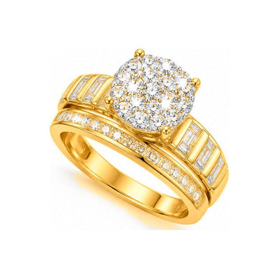 Set de Matrimonio Oro 14k Cluster Redondo con Baguettes y Banda Canal de Diamantes Naturales