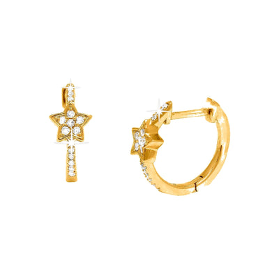 12mm Aretes de Dama Oro 14k Argolla Estrella con Diamantes Naturales