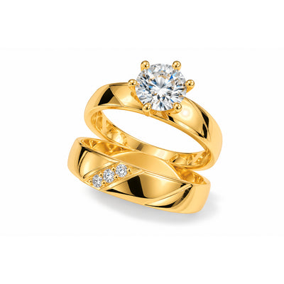 Set Matrimonio Oro 14k Solitario y Banda Diagonal