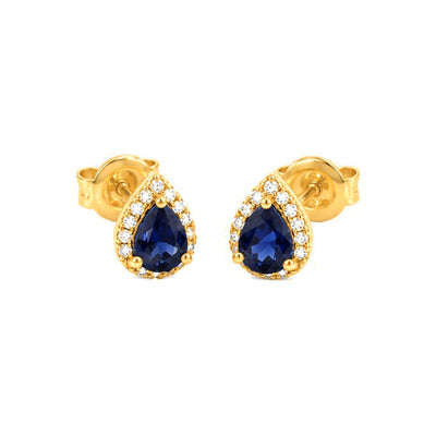 5x6mm Aretes de Dama Oro 14k Zafiro Pera con Halo de Diamantes Naturales