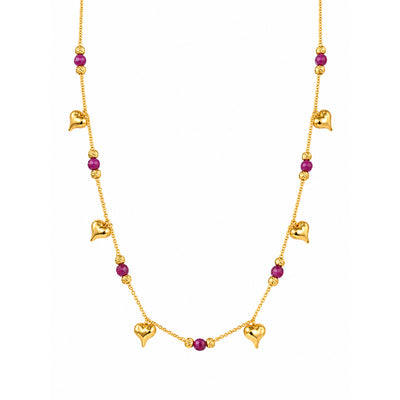 Cadena Oro 14k Corazones con Piedras Color Magenta