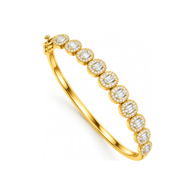 Brazalete de Dama Oro 14k Rígido Óvalos Baguette con Halo de Diamantes Naturales