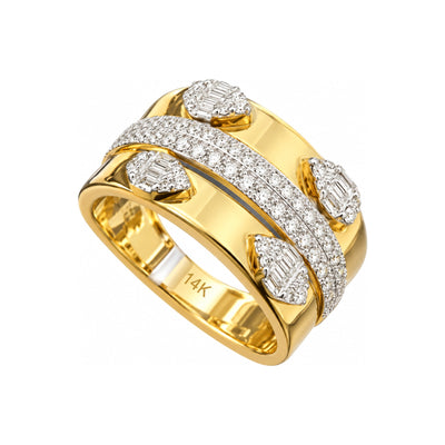 Anillo de Dama Oro 14k Banda Ancha Cruzada con Gotas Baguette y Diamantes Naturales
