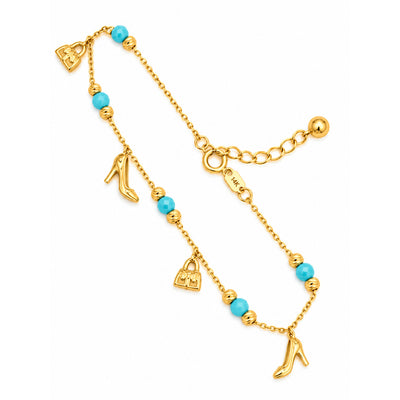 Brazalete de Dama Oro 14k con Dijes de Tacón y Cartera y Turquesa