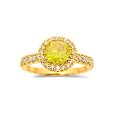 Anillo de Dama Oro 14k Circonia Amarilla con Halo y Banda Pavé
