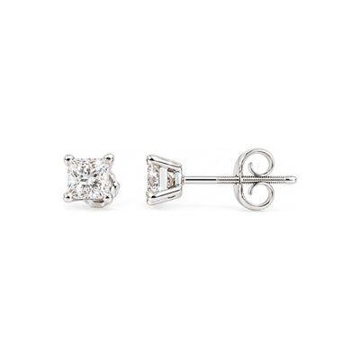 Aretes de Dama Oro Blanco 14k Solitario Princesa con Diamantes Naturales