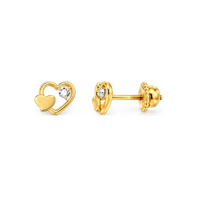 Aretes para Bebé Oro 14k Corazón Calado con Corazoncito Interior