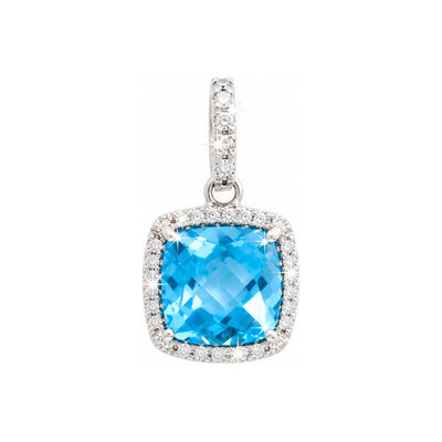 7.8x7.8mm Dije Topacio Azul Cojín Oro Blanco 14k con Halo de Diamantes Naturales