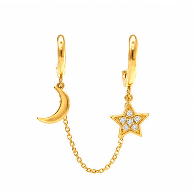 Arete de Dama Oro 14k Doble Perforación Luna y Estrella con Cadena y Diamantes Naturales