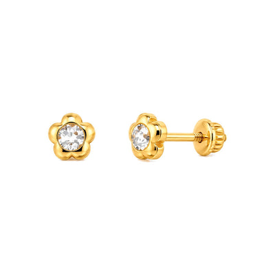 Aretes para Bebé Oro 14k Flor con Circonio Grande
