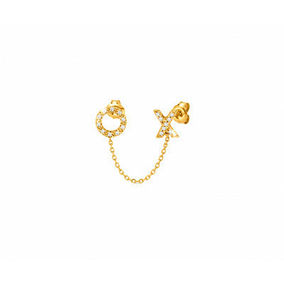 6mm Arete de Dama Oro 14k Doble Perforación XO con Cadena y Diamantes Naturales
