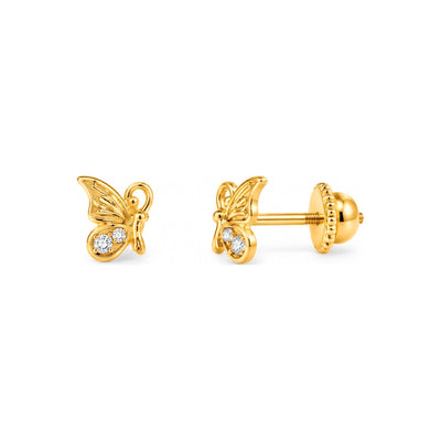 Aretes para Bebé Oro 14k Set Mariposa Calada y Redondo con Piedra