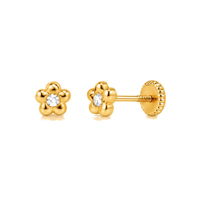 Aretes para Bebé Oro 14k Flor Abultada con Circonio