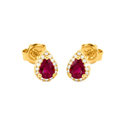 5x6mm Aretes de Dama Oro 14k Rubí Pera con Halo de Diamantes Naturales