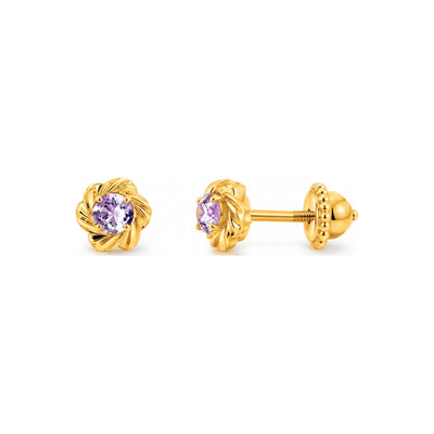 Aretes para Bebé Oro 14k Redondo Espiral con Circonio Lila