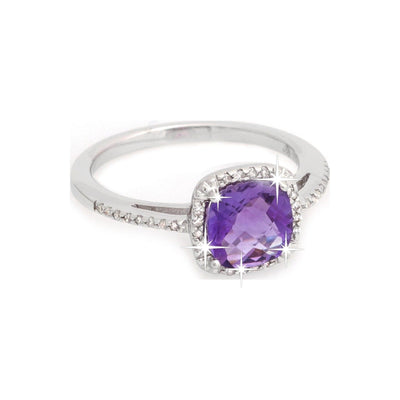 9.34mm Anillo de Dama Oro Blanco 14k con Amatista y Diamantes Naturales