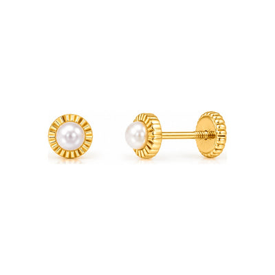 Aretes para Bebé Oro 14k Perla con Borde Rayado
