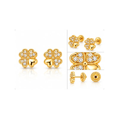 Aretes para Bebé Oro 14k Trébol de Corazones con Circonias