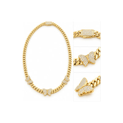 5mm Cadena Cubana Oro 10k con Mariposas Pavé y Broche de Circonios 16 Pulgadas