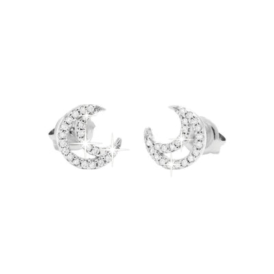 7x8mm Aretes de Dama Oro Blanco 14k Luna Pavé con Diamantes Naturales